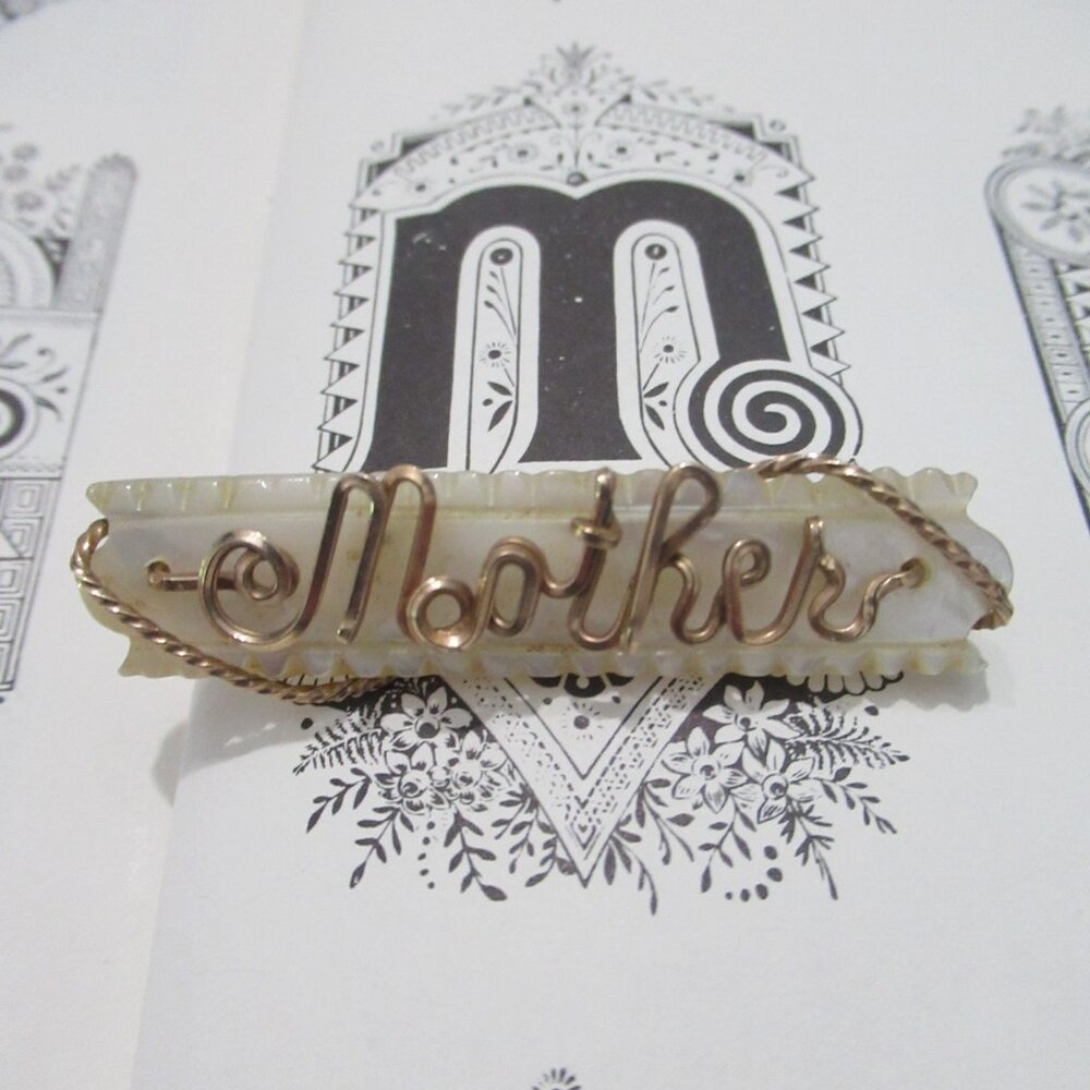 Vintage Mother of Pearl Brooch Twisted Wire Work Bar Pin Carved MOP "Mother"
